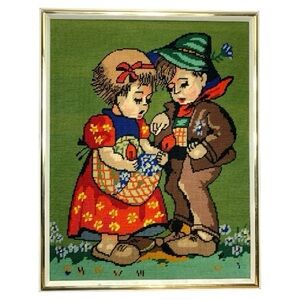 Vintage 70s Lev Dokor Needlepoint Art Framed Dutch Children Harvesting 20" X 16"